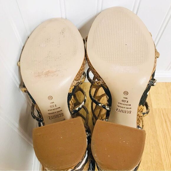 SCHUTZ Juliana Leather Caged Block Heel Sandal Snake Embossed Tan Black Size 7.5 - Picture 12 of 14